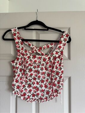 Free People White Tank with Red Rose Print and Cross-Back